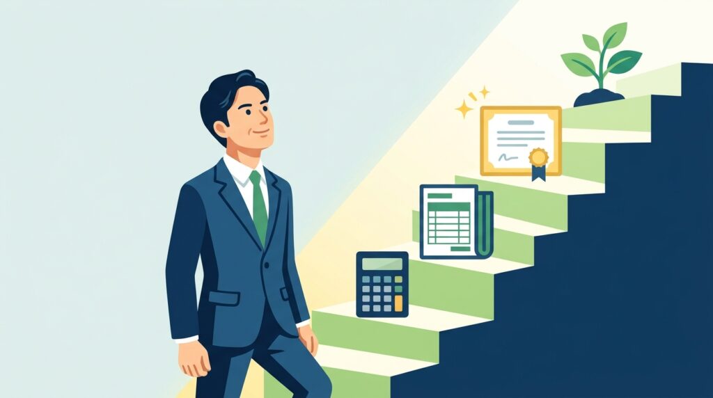 簿記2級の次の資格へ階段を上る会社員のイラスト