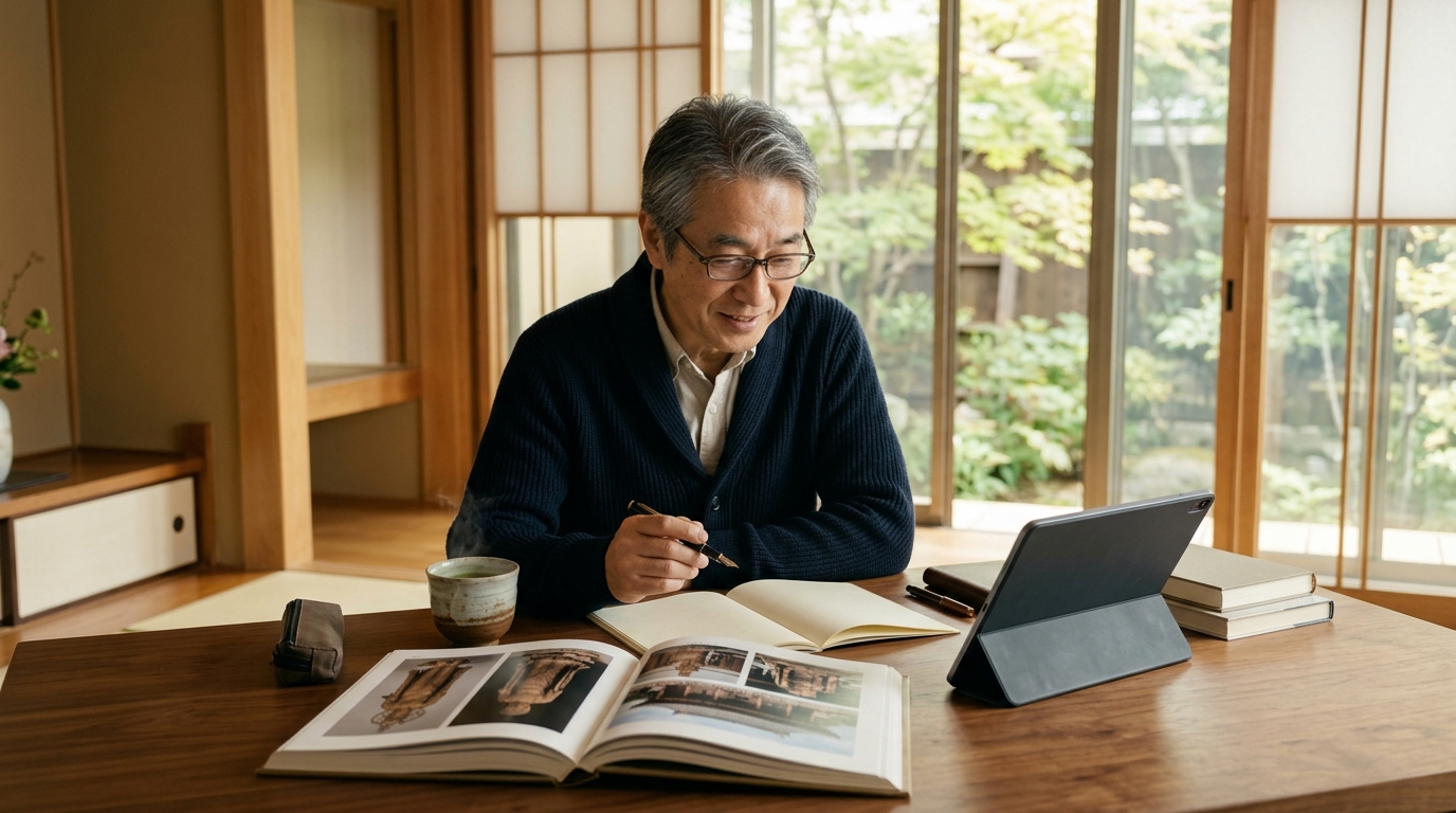 和室の机で仏教の本を開き、ノートに書き込みながら仏教検定の勉強をする60代の男性