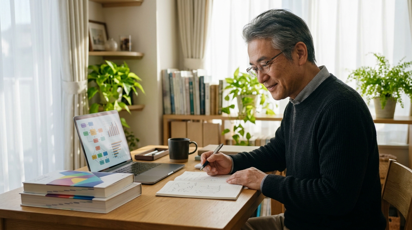 定年後に自宅で基本情報技術者試験の勉強をする60代の男性