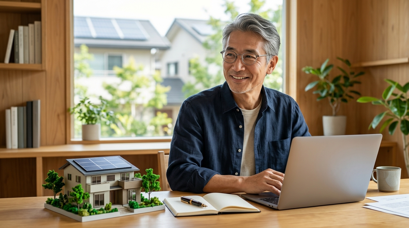 住宅模型とノートパソコンを前に、ZEHコーディネーターの勉強をする定年世代の男性